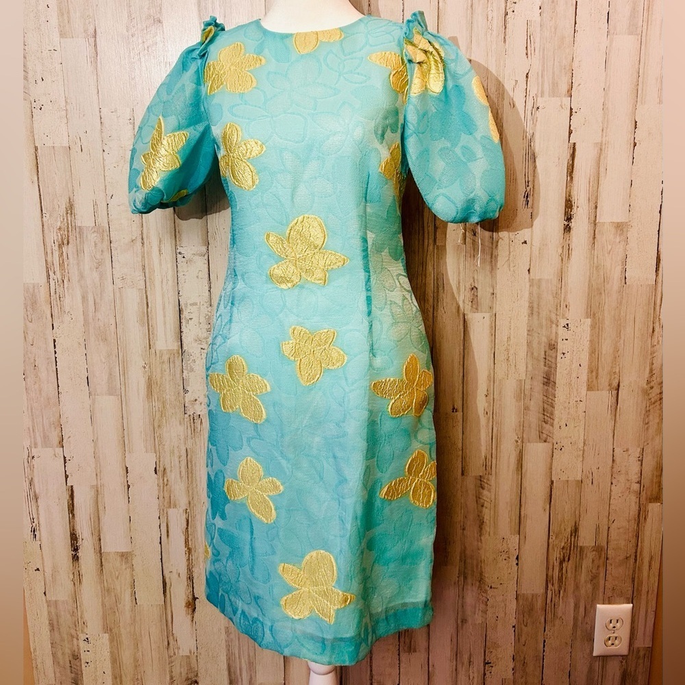 Sara Campbell Puff Sleeve Floral Brocade Shift Dress Blue Gold Size 0